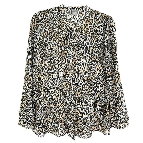 Chico’s Leopard Print Ruffle Button Up Long Sleeve Top Small - Picture 1 of 9